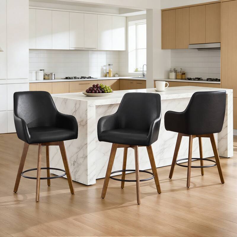 25 Inch Upholstered Swivel Counter Height Bar Stool with Armrests, Solid Wood Legs - 23.6"W x 22.4"D x 40.2"H