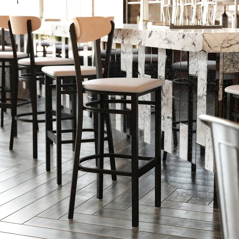 Commercial Metal Barstool with Wood Seat and Boomerang Back