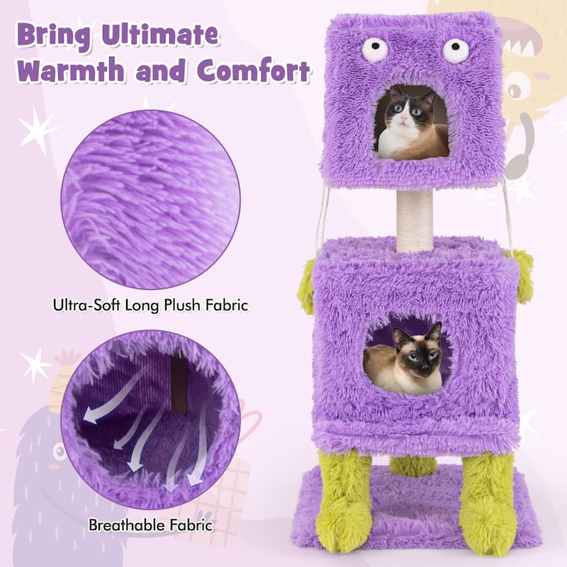Cute Monster-Themed Cat Tower with 2 Comfortable Cat Condos and Plush Dangling Toys - 19" x 19" x 44"