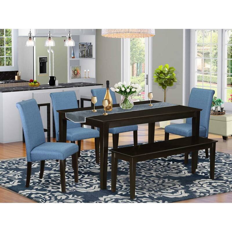 HomeStock 6-Piece Rectangle Cappuccino Finish Solid Wood Top Dining Table with 1-Bench, 4-Chairs with Lattice Back