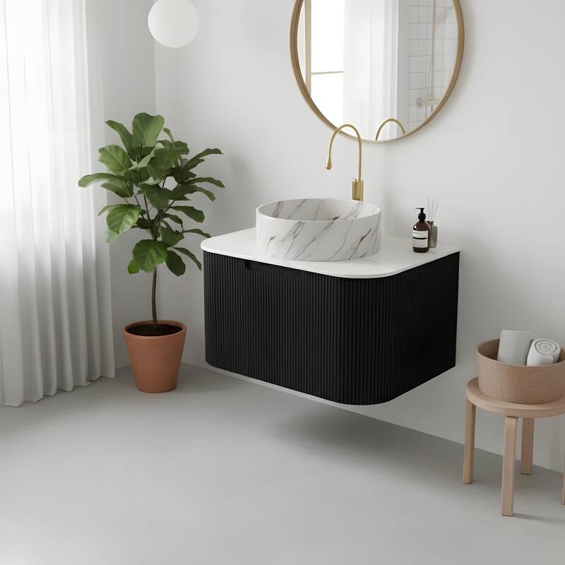 Floating Bathroom with Round Ceramic Basin and Storage Drawer