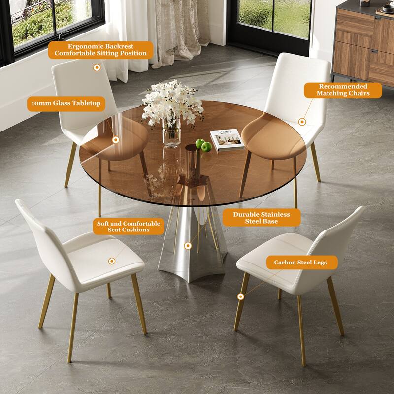 5-Piece Round Dining Table Set, 35 Inch Tempered Glass Top with Silver Base & 4 Ergonomic Chairs for Small Space