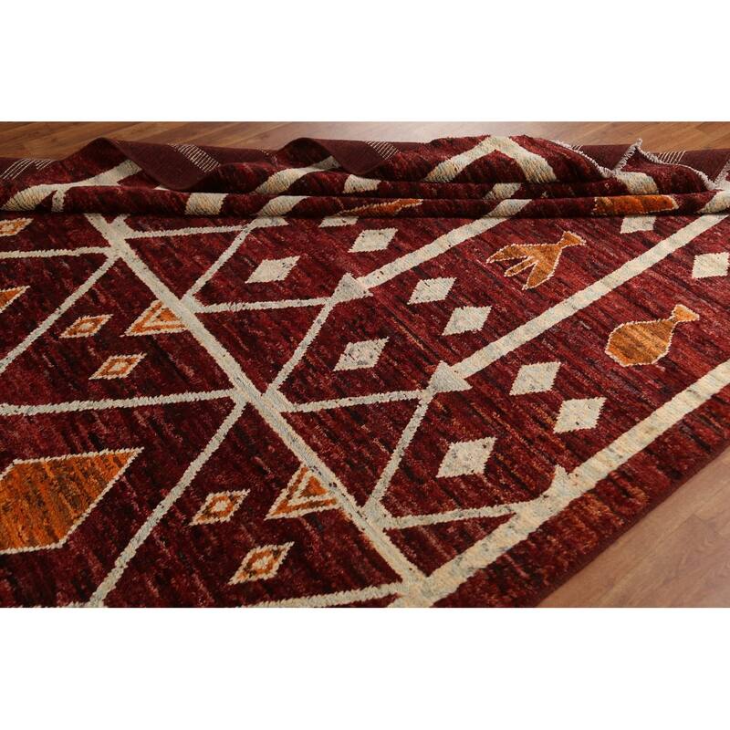 Hand Knotted Oriental 100% Wool Carpet Modern Geometric Red Moroccan Area Rug - 9' 10'' X 6' 8''