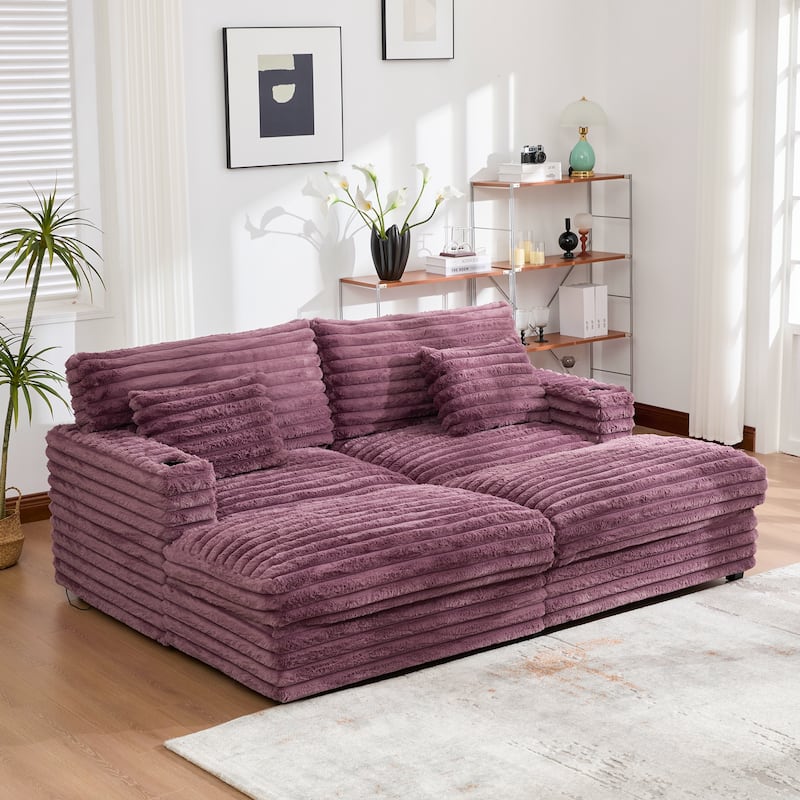 Plush Oversized Double Chaise Sofa with USB Charging, Cup Holders & Ultra-Deep Seating by Harper&Bright Designs - Wine Red