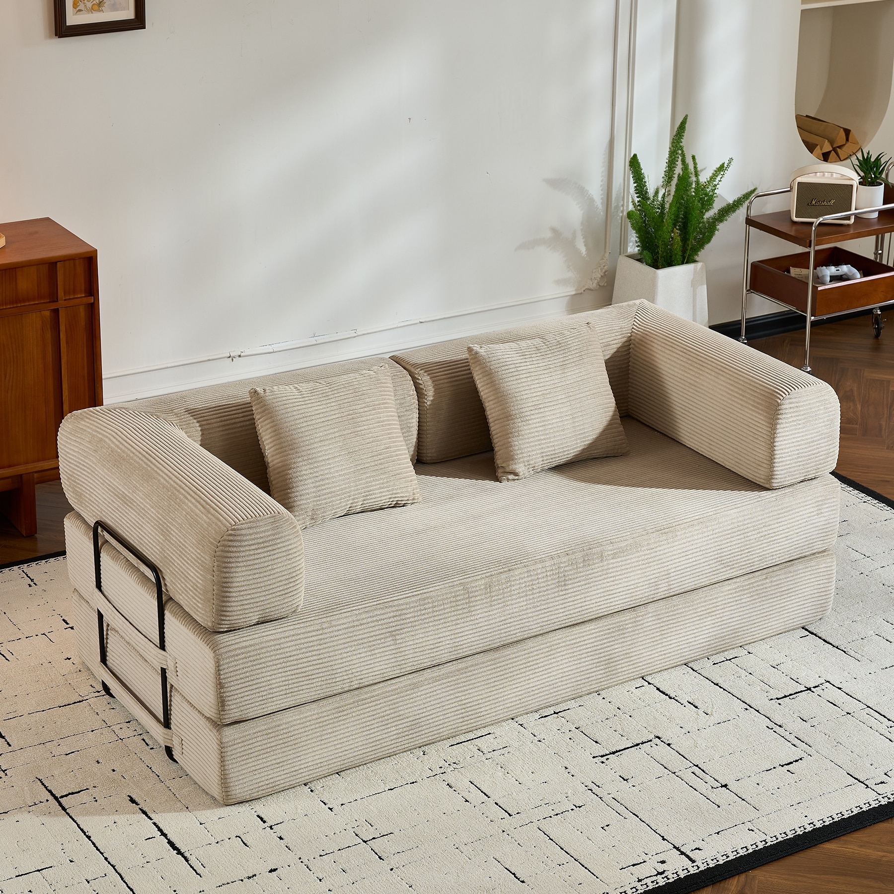 Convertible Sleeper Sofa Bed with Cylindrical Pillow, Corduroy Folding Mattress Couch with Fixed-Shape Frame