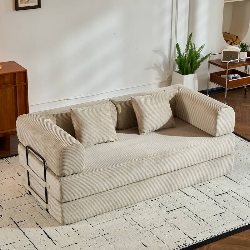 Convertible Sleeper Sofa Bed with Pillow, Corduroy Folding Mattress Couch with Fixed-Shape Frame, Floor Lounge Loveseat Sofa - Beige