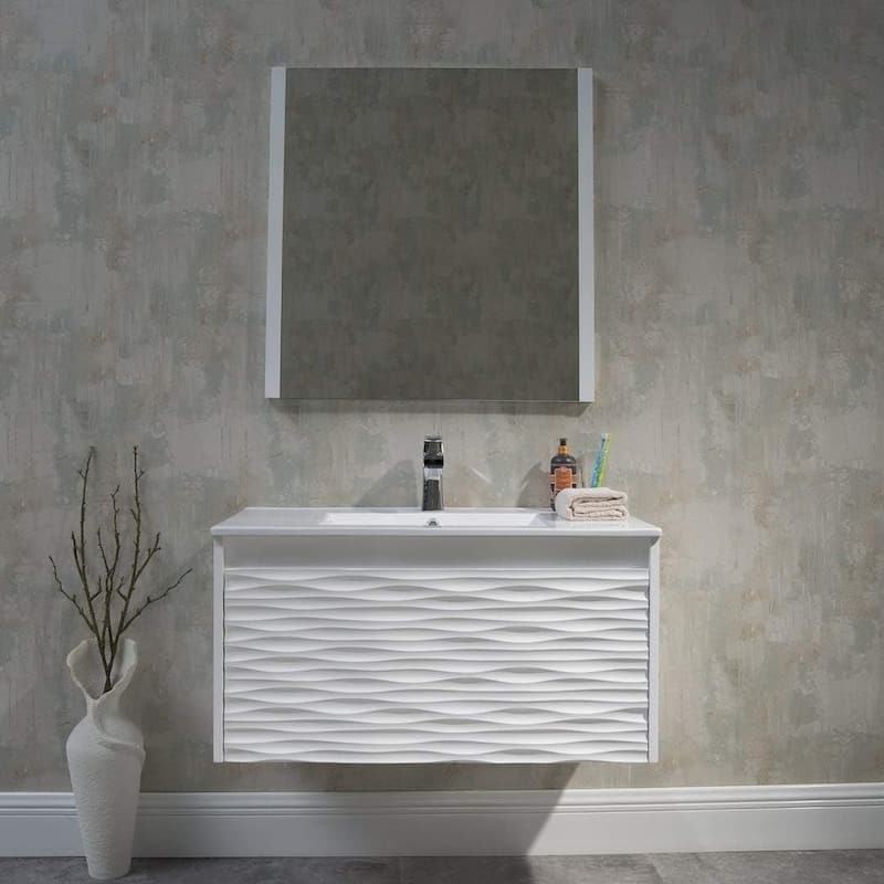 White Floating Vanity / Wall Hung Vanity Set with Mirror