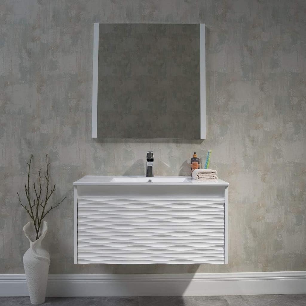 Blossom Floating Bathroom Vanity with Sink & Mirror, Glossy White