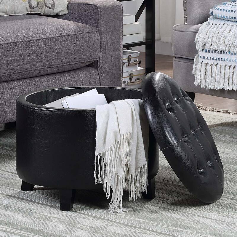 Convenience Concepts Designs4Comfort Round Storage Ottoman - Black Faux Leather