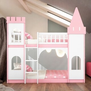 Fun Design Twin Over Twin Castle Bunk Bed with Ladder, Delicate and Gorgeous Pattern Design, Artistic Atmosphere