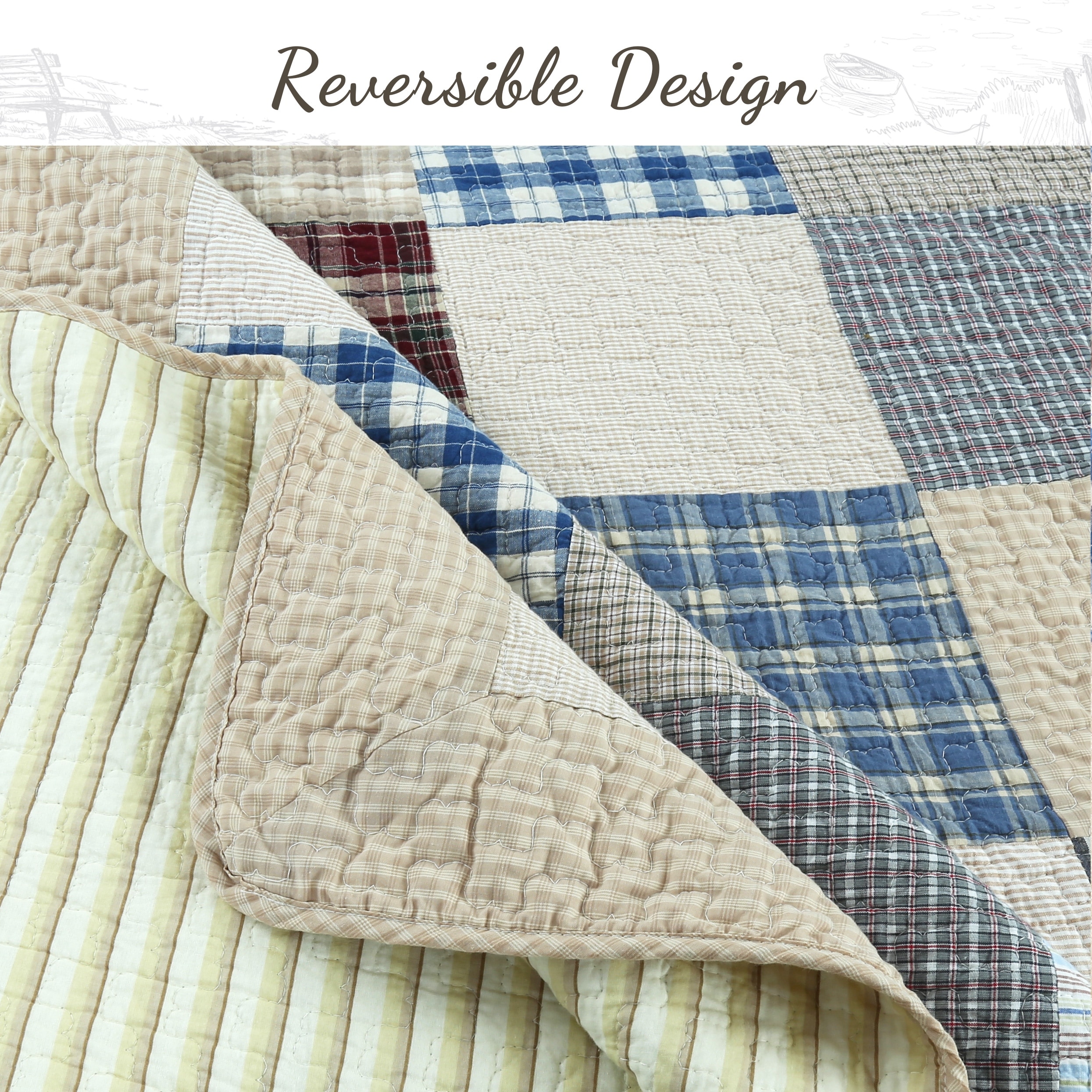 Cozy Line Tattersall Blue Tan Tartan Plaid Patchwork 3 Piece