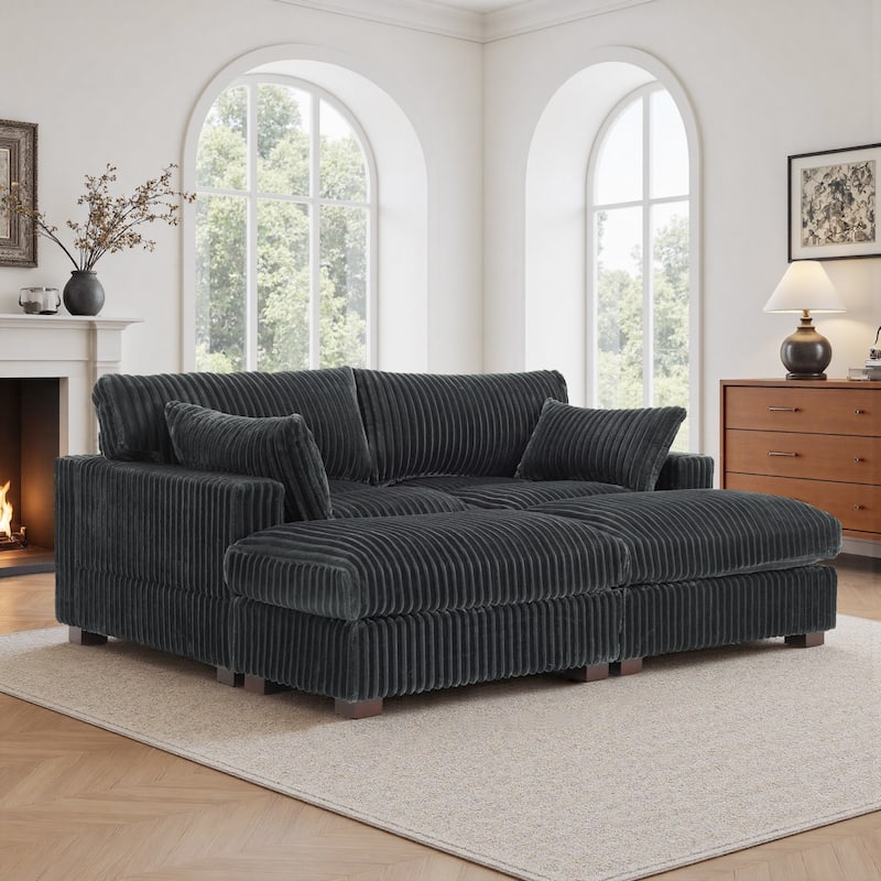 Modern Oversized Plush Corduroy Modular Sectional Sofa with 2 Ottomans - Grey-4 Pieces - Symmetrical