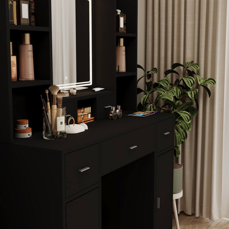 Makeup Vanity Table with Smart Lighted Mirror, Modern Vanity Desk Dressing Table w/ 6 Open Shelves, 2 Hiden Shelves, & 5 Drawers