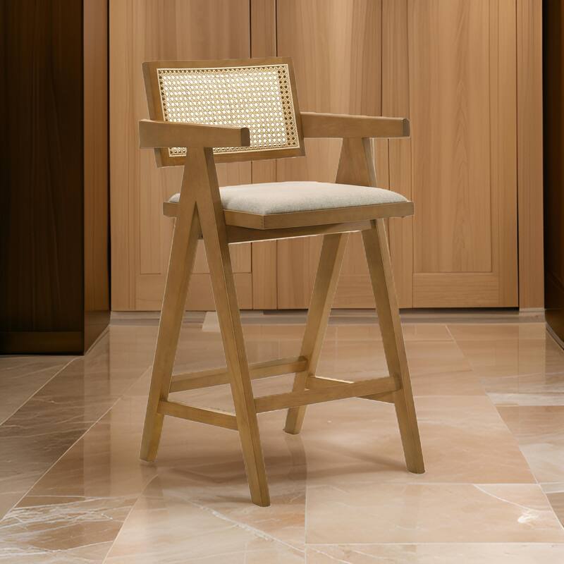 Jane Barstool Chair Set of 2, Sand Beige Rattan, Walnut Brown Solid Wood