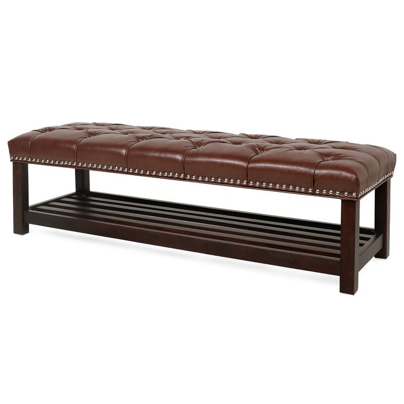 Comfortable Ottoman Bench Upholstered Seat with Solid Wood Frame, Entryway Footrest Seat with One Shelf at Bottom