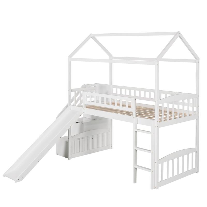 Space-Saving Twin Loft Bed with Slide, Drawers, and Storage Steps, White/Gray