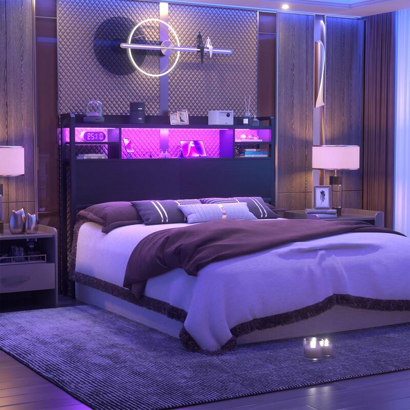 Storage Headboard with USB Port and Power Outlet, Head Board with LED Light for Bed Frame