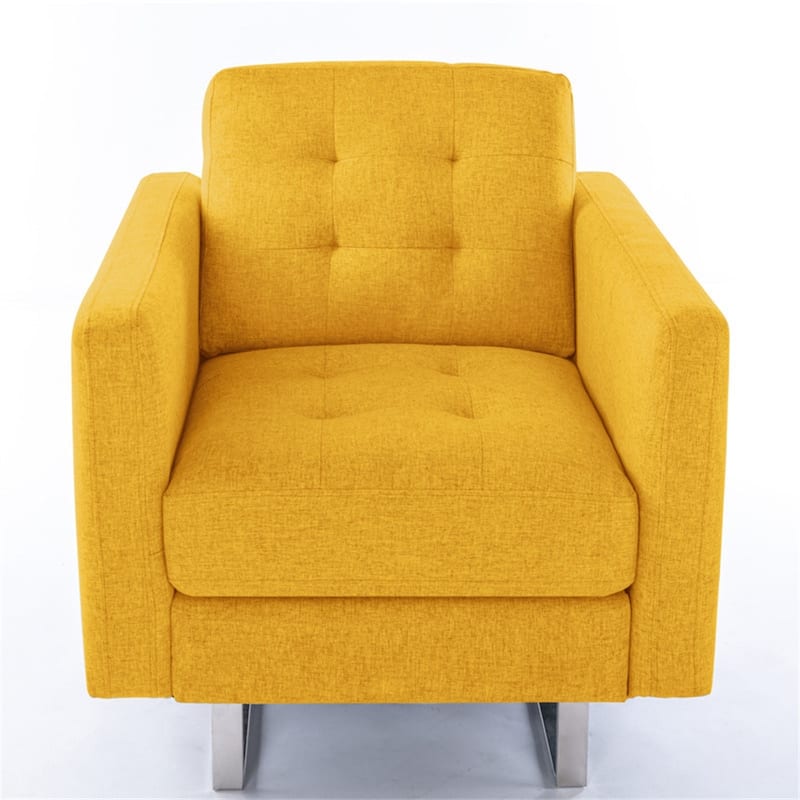 Linen Fabric Armchair with Metal Legs, Side Pockets, and Pillow