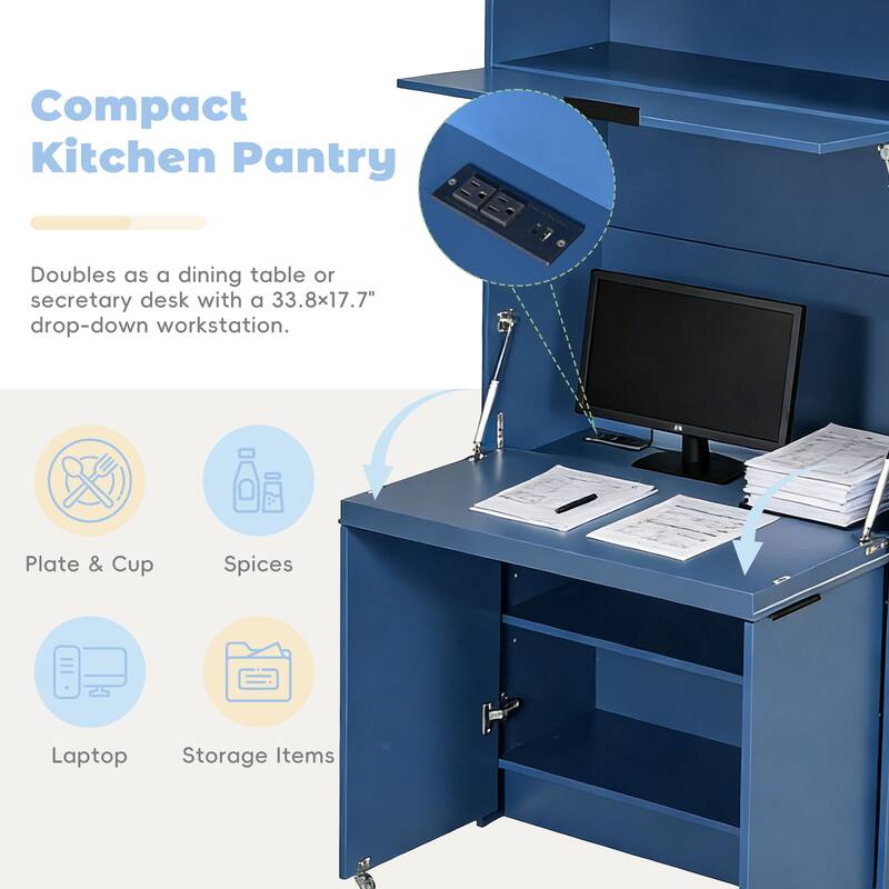 Compact Kitchen Pantry Storage Cabinet, 69" H Buffet Sideboard Server Table with Drop-Down Workstation & Power Outlet
