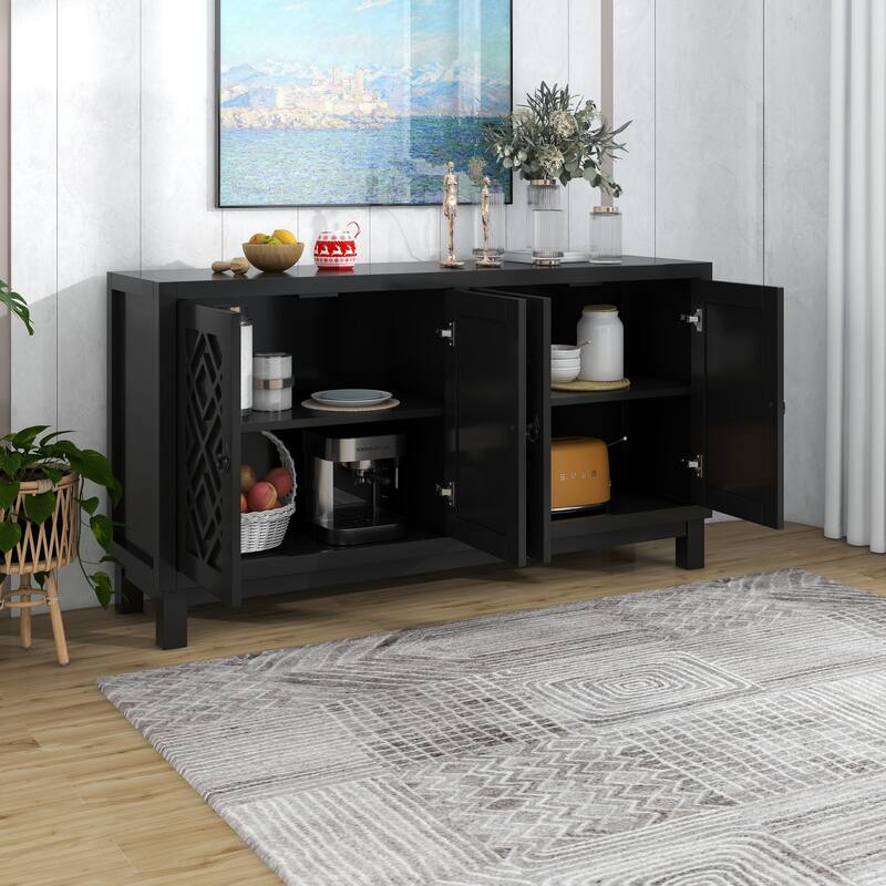 Large Storage Space Sideboard, 4 Door Buffet Cabinet with Pull Ring Handles
