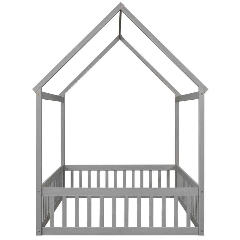 Full Size Wood House-shaped Kids Bed with Fence and Small Door, Cute ...