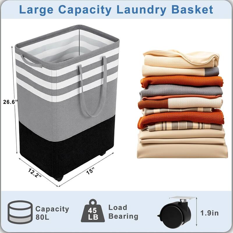 80L Large Laundry Basket, Laundry Hamper with 4 Wheels, Collapsible Waterproof Clothes Basket, Freestanding Hamper with Handles