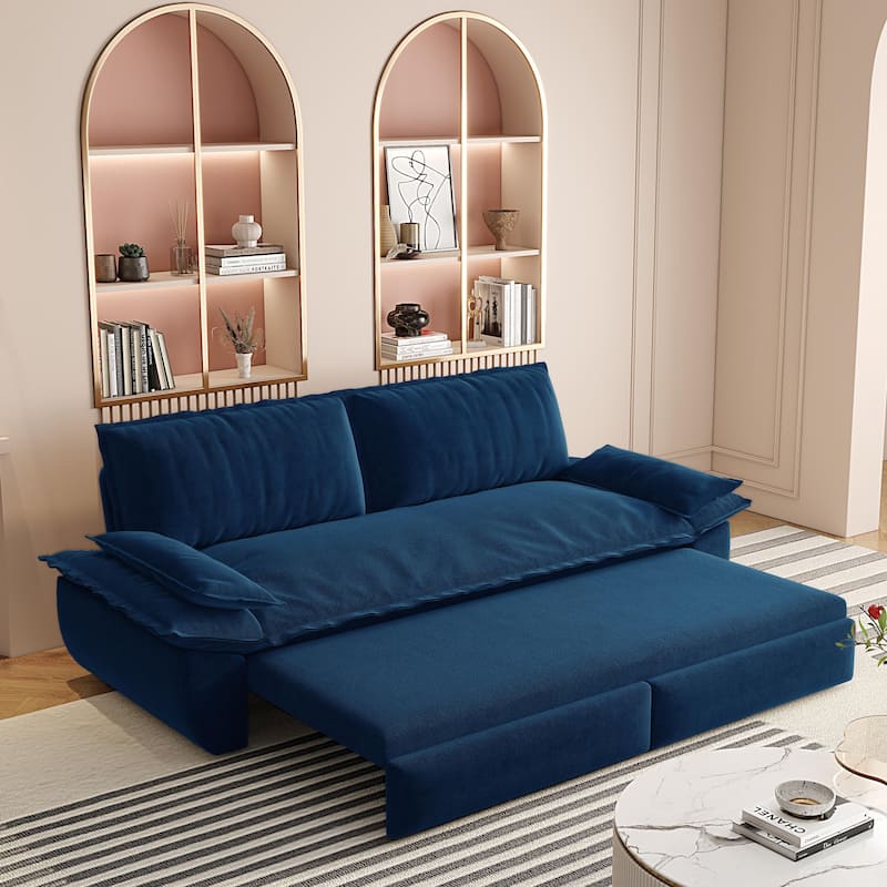 3-in-1 Convertible Velvet Sofa Bed, Pull-Out Queen Sleeper Bed, Chaise Lounge Sofa Daybed, Easy-to-Assemble - Blue