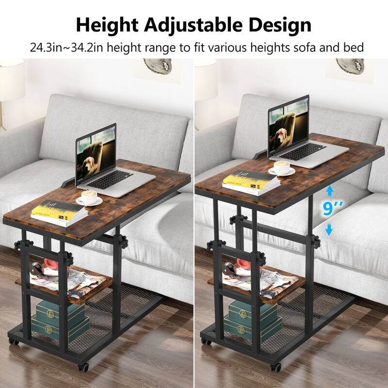 Height Adjustable C Table with Wheels, Laptop Table for Sofa Couch Bedside