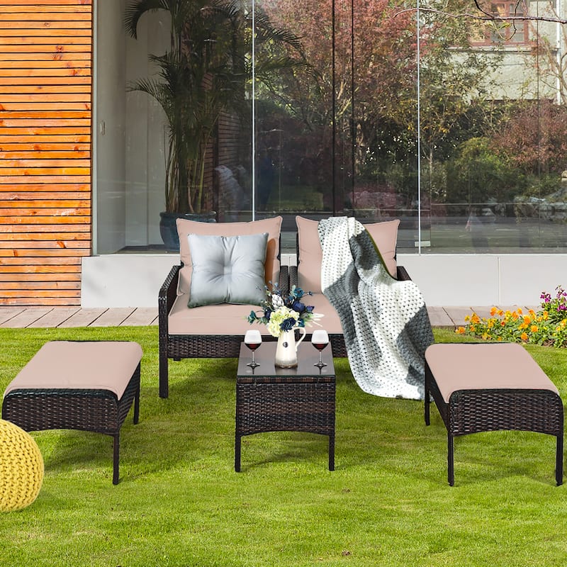 Costway 5 PCS Rattan Wicker Furniture Set Sofa Ottoman W/Brown Cushion