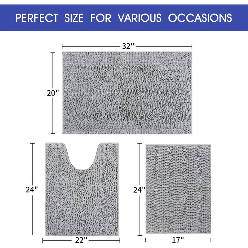 Ultra Soft Striped Non Slip Chenille Bathroom Rug Set 3 Pieces