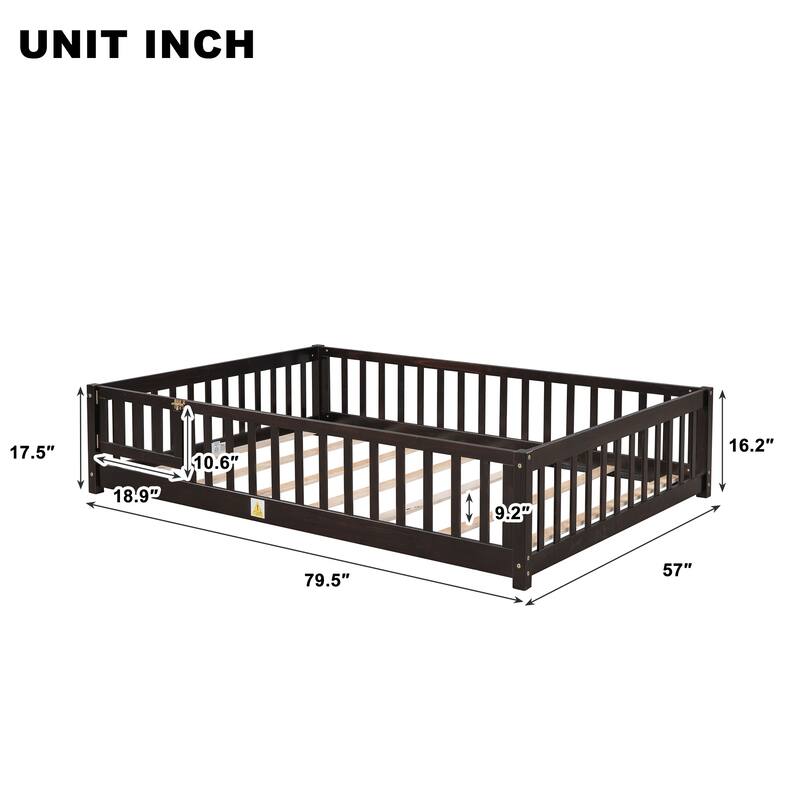 Full size Floor Platform Bed with Fence and Door for kids, toddlers