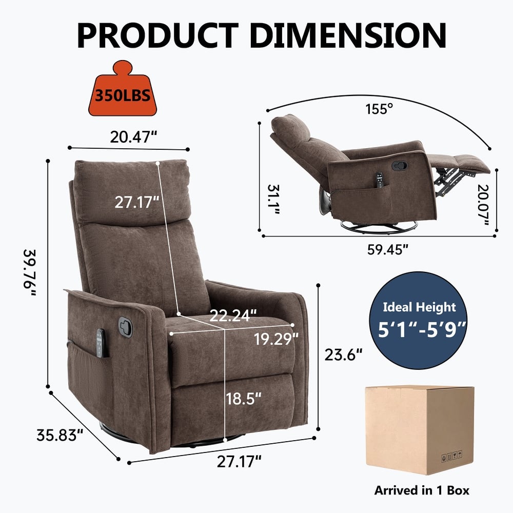 Manual Recliner Chair with Heat & Massage, Fabric Upholstered Glider Recliner, Swivel Recliner Chair with Side Pockets