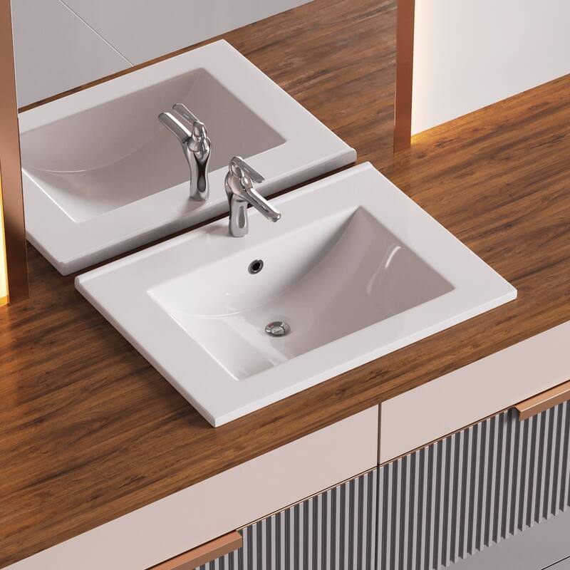 White Drop-in Sink 23.62" Porcelain Self-Rimming Rectangular Sink with Chrome Faucet and Drain Renovators Supply