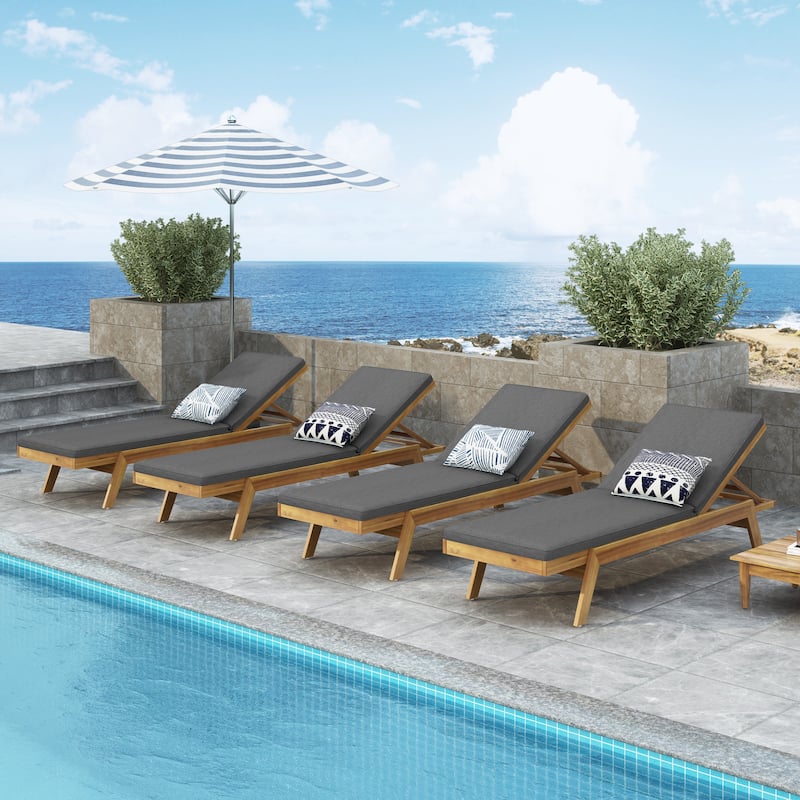 Caily Outdoor Acacia Wood Outdoor Chaise Lounge with Cushions by Christopher Knight Home - Teak + Dark Grey