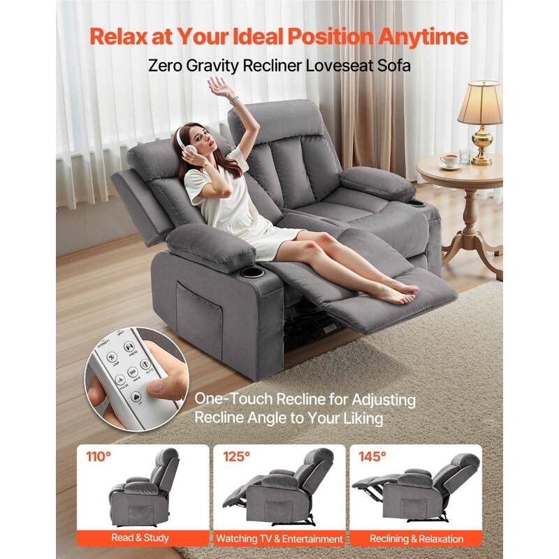 Grey Velvet Electric Recliner Loveseat with Massage, Heating and USB Ports - 61 x 35.55 x 42.13 in