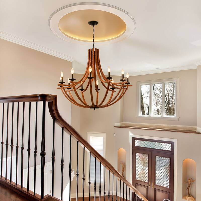 Modern Farmhouse Chandelier Candle Style Retro Wood Grain Chandelier