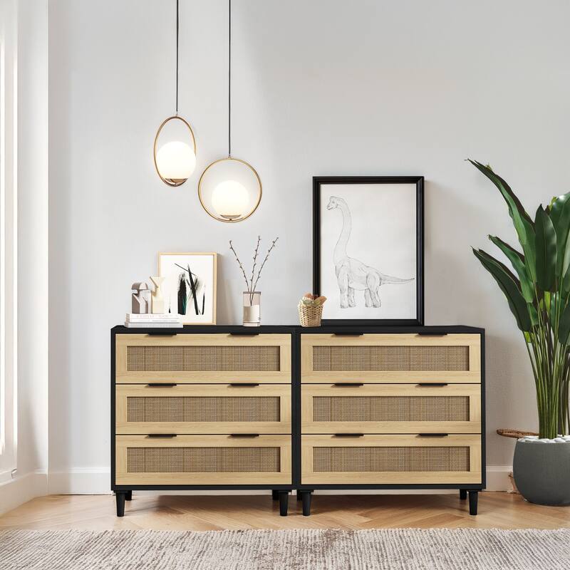 Rattan 3-Drawers Buffet Storage Cabinet (Set of 2)