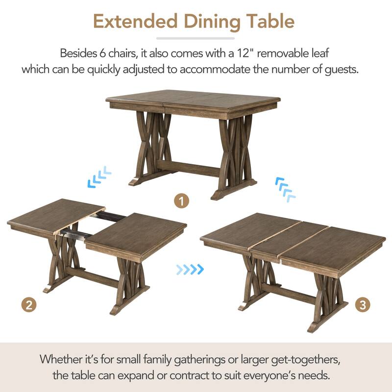 Wood 7-Piece Dining Table Set, Kitchen Table Set with Extendable Table and 6 Upholstered Chairs for Dining Room