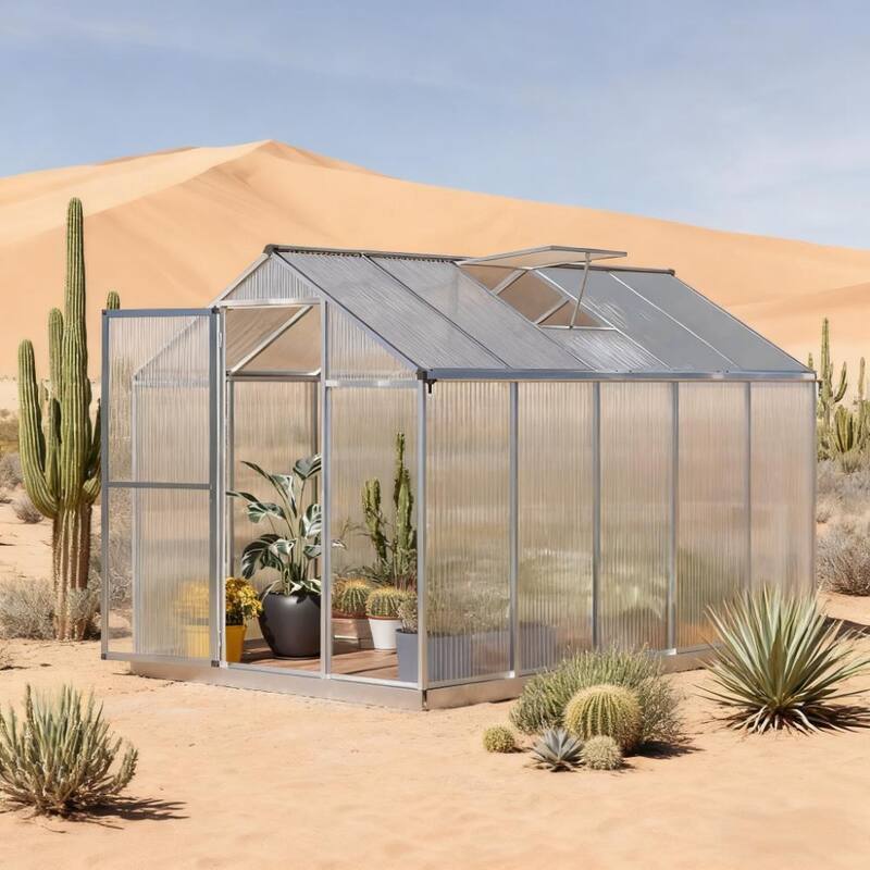 GDFStudio - Outdoor 10'x6' Aluminum Frame Walk-in Greenhouse with Roof Vent & Rain Gutters - Silver