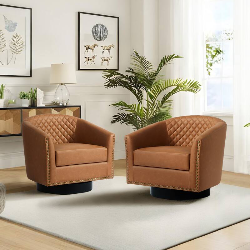 2 Set Modern Vegan Faux Leather Swivel Barrel Accent Chair - 29.62"Wx27.73"Dx27.75"H-Tufted - Coffee