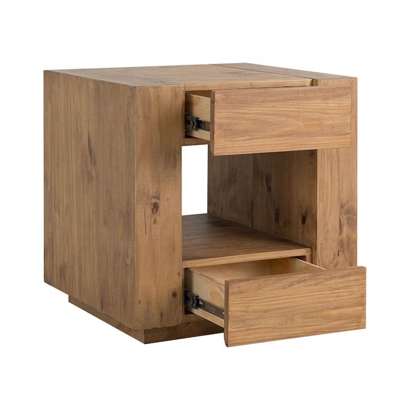 2 Drawers and 1 Open Shelf Wooden End Table in Oak