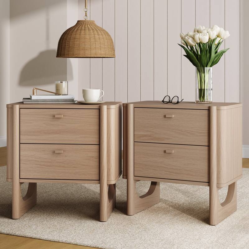 Solace Mid Century Modern 2-Drawer Nightstand with Solid Wood Frame and Rounded Details - Raw Oak - Set of 2