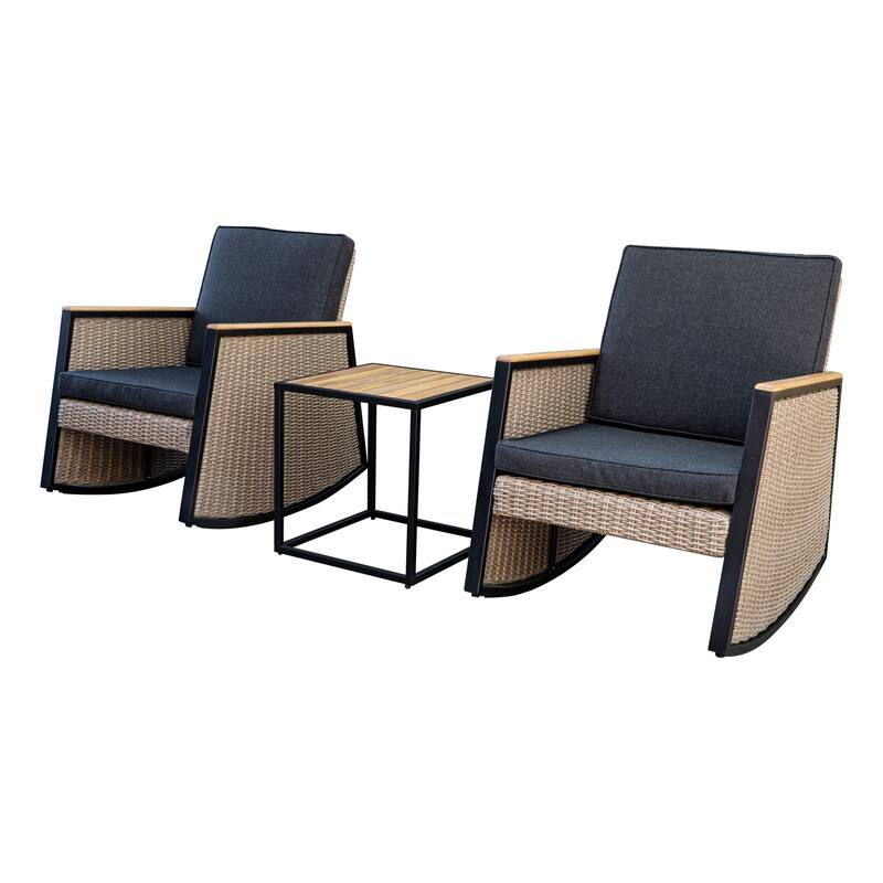 Madrid 3-Piece Outdoor Wicker Acacia Wood Rocking Chair Bistro Set