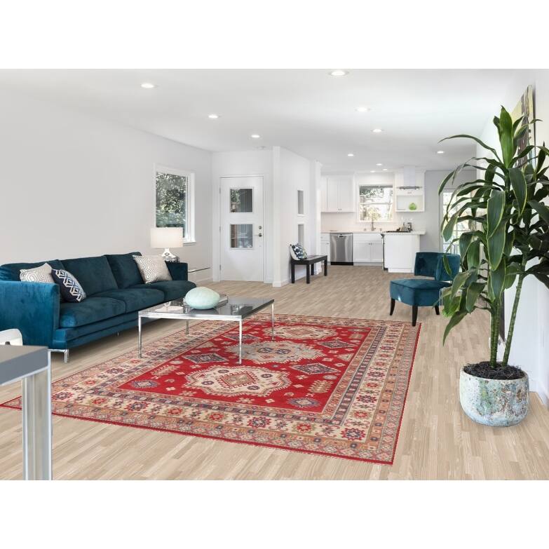 Hand Knotted Oriental 100% Wool Carpet Traditional Geometric Red Kazak Area Rug - 9' 10'' X 6' 7''