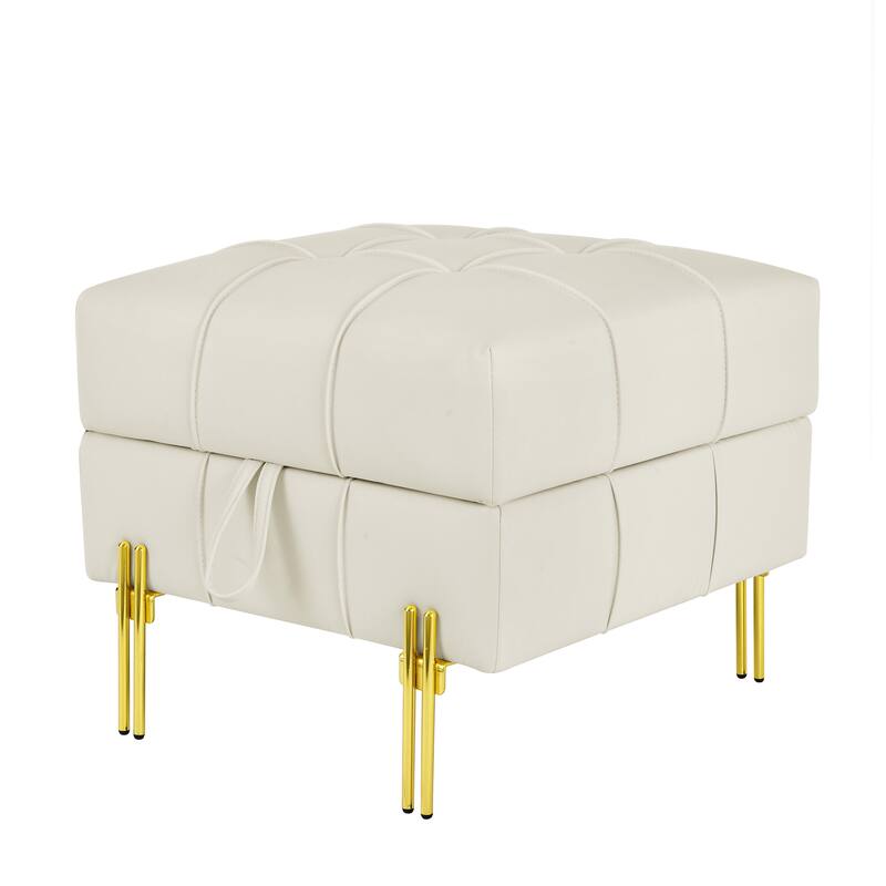 22 inches Anti-scratch Leather Storage Ottoman, Pet Friendly Entryway Bench with Golden Stainless Steel Legs, Beige