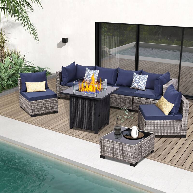 8-Piece Gray Wicker Patio Conversation Set with Patio Fire Pit