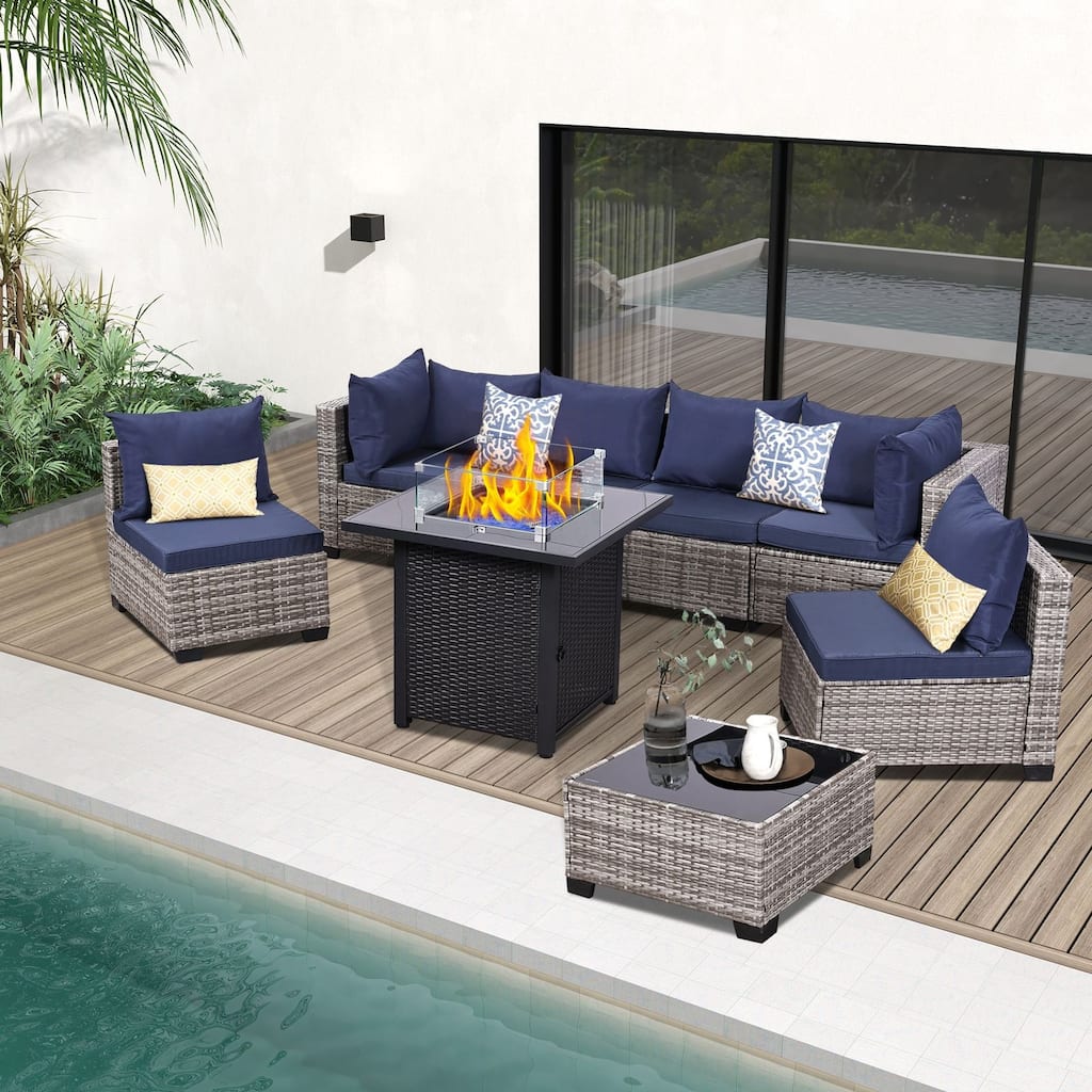 8-Piece Gray Wicker Patio Conversation Set with Patio Fire Pit