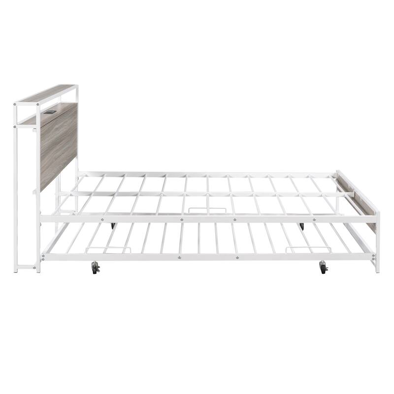 Full/Queen Metal Bed Frame with Trundle, USB Charging Ports, and Slat Support, Modern Design, No Box Spring Required