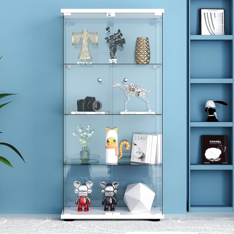Glass Display Cabinet 4-Shelf 2 Doors with LED Push Light Lockable, 5mm Tempered Glass Floor-Standing Glass Bookshelf