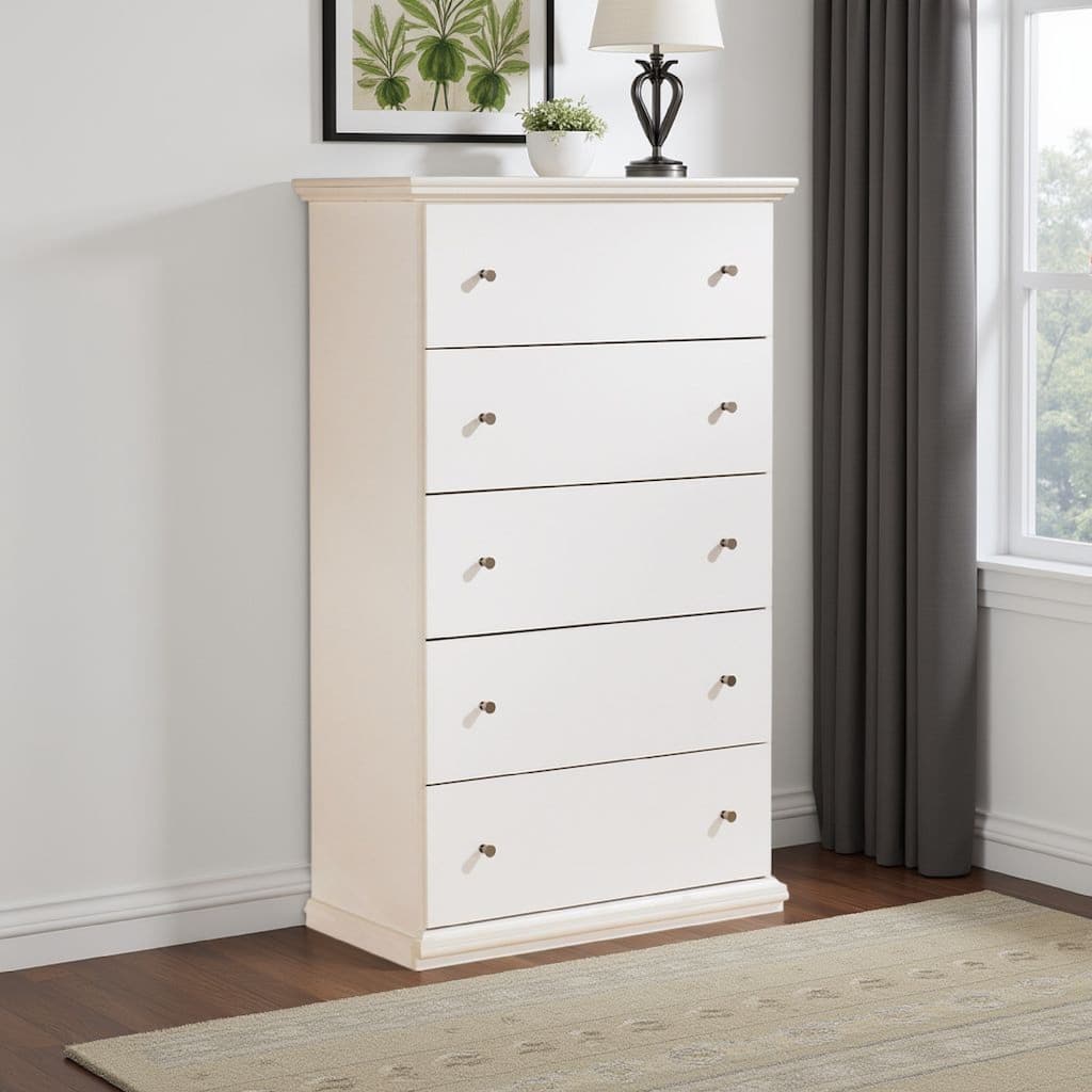 Twik Tall Dresser Chest, 5 Storage Drawers, White Molded Trim Details